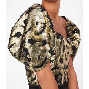 Zara Corset Blouse Sweetheart Neck Balloon Sleeves Metallic Thread Sz S